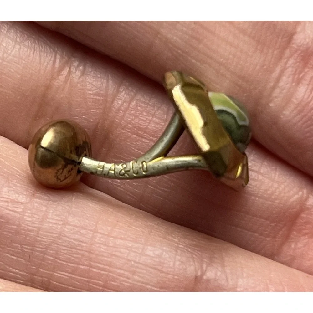 Antique HA & CO Gold Tone Green Stone Cufflinks Men's Vintage‎ Jewelry